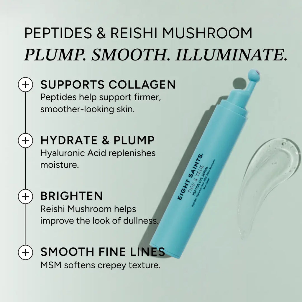 Peptide Eye Serum by Eight Saints Skincare - Cooling Rollerball under Eye Serum for Puffiness Dark Circles & Wrinkles with Peptides Hyaluronic Acid MSM & Reishi Mushroom Glycerin Grapefruit Lightweight Green Tea