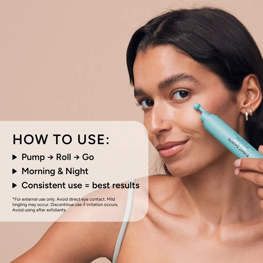 Peptide Eye Serum by Eight Saints Skincare - Cooling Rollerball under Eye Serum for Puffiness Dark Circles & Wrinkles with Peptides Hyaluronic Acid MSM & Reishi Mushroom Glycerin Grapefruit Lightweight Green Tea