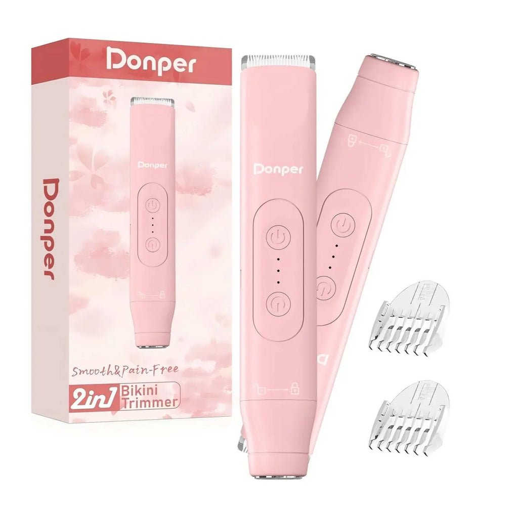 Donper Bikini Trimmer for Women, 2 in 1 Electric Razors for Shower&Travel, IPX7 Waterproof Pubic Hair Remover for Underarm, Legs & Bikini Area, Painless Razor,Hypoallergenic Foil & Ceramic Blades