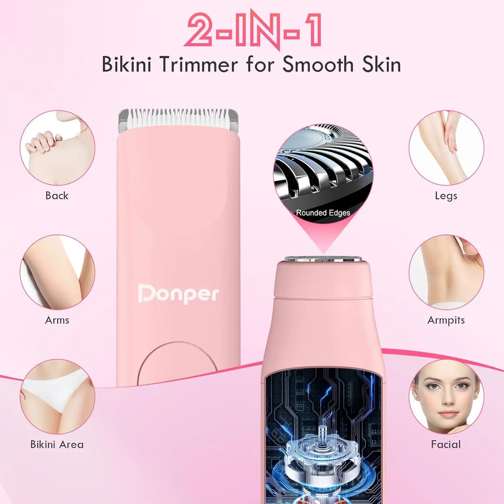 Donper Bikini Trimmer for Women, 2 in 1 Electric Razors for Shower&Travel, IPX7 Waterproof Pubic Hair Remover for Underarm, Legs & Bikini Area, Painless Razor,Hypoallergenic Foil & Ceramic Blades